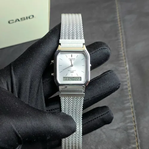 Relógio Casio Dual Time AQ-230EM prata milanese