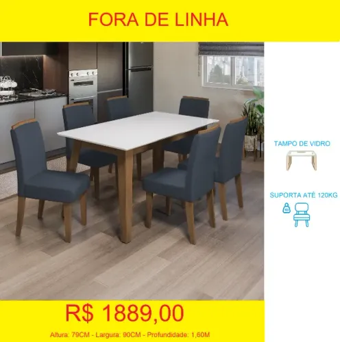 Mesa de jantar 6 cadeiras com tampo de vidro