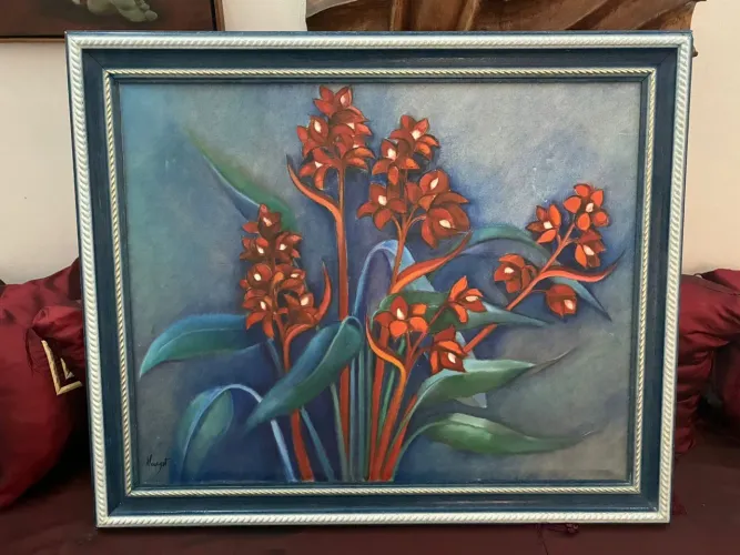 Quadro tela flores azul muldura casa decoração escritório consultório parede tinta arte