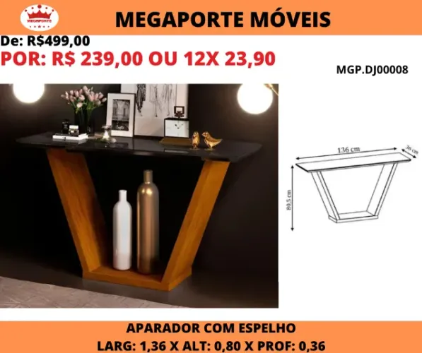 Aparador 1,36 com Tampo de Vidro