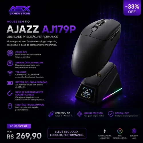 Mouse sem fio ajazz AJ179P, PAW3395, Novo