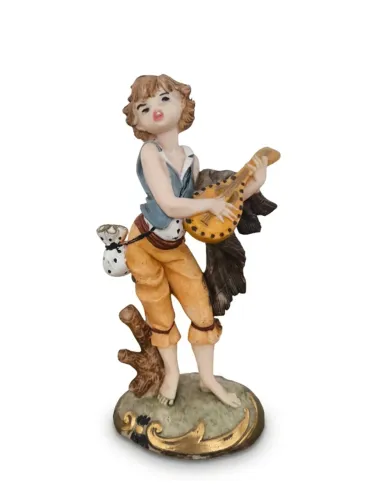 Escultura Italiana Vintage Menino Músico Tocando Bandolim