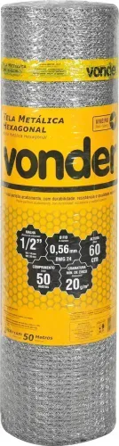 Tela metálica hexagonal, viveiro, malha 1/2", 24 BWG x 0,6 m, com 50 m, VONDER