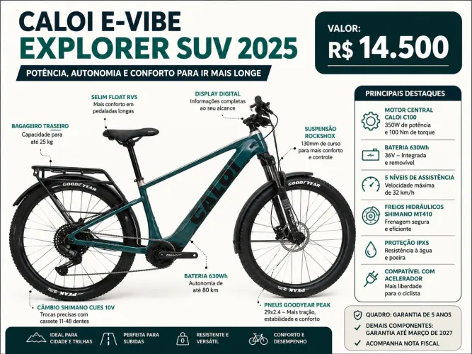 Bicicleta Elétrica Caloi E-Vibe Explorer SUV 2025 Aro 29 G 350W 100Nm