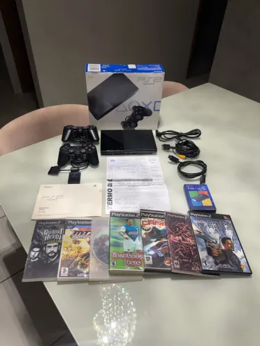 Ps2 Slim na Caixa Original Completo Controles Série A Memory Card Cabos Manual Jogos