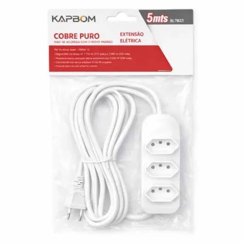 Filtro de Linha Kapbom SL7623 5 Metros 3 Tomadas Bivolt 10A Cabo de Cobre Puro Original po