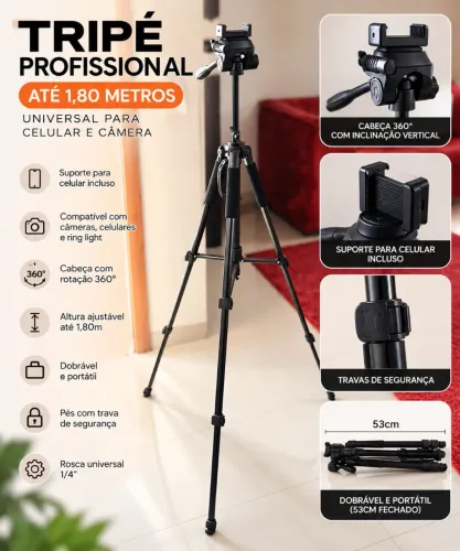 Tripé Profissional Universal 1,80m para Celular e Câmera