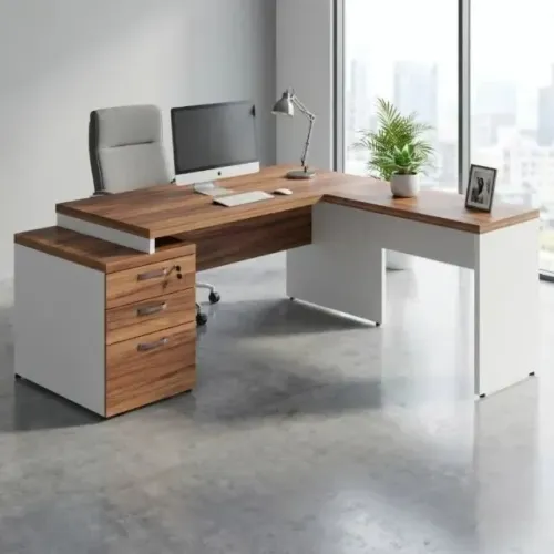 Mesa Escritório em L 1,92x1,60m Gavetão Nogal Sevilha/Branco Executivo 34431