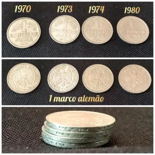 Kit 4 moedas de 1 marco alemão - 1970, 1973, 1974, 1980