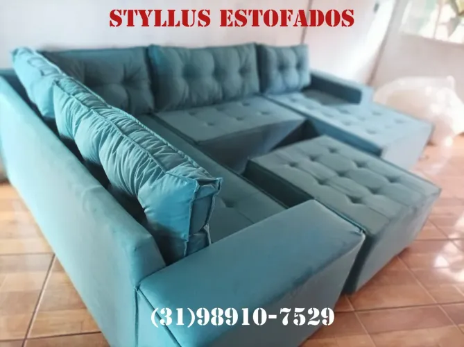 Sofá de Canto - Estofado Azul - Novo