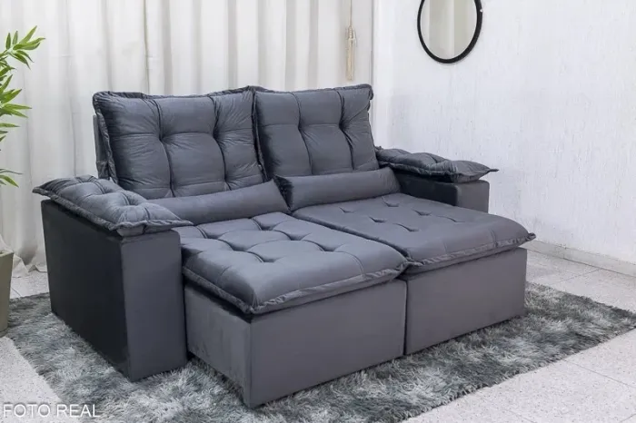 Sofá Retrátil Reclinável Grécia Veludo Cinza Larg. 2.00m - Sem Caixa