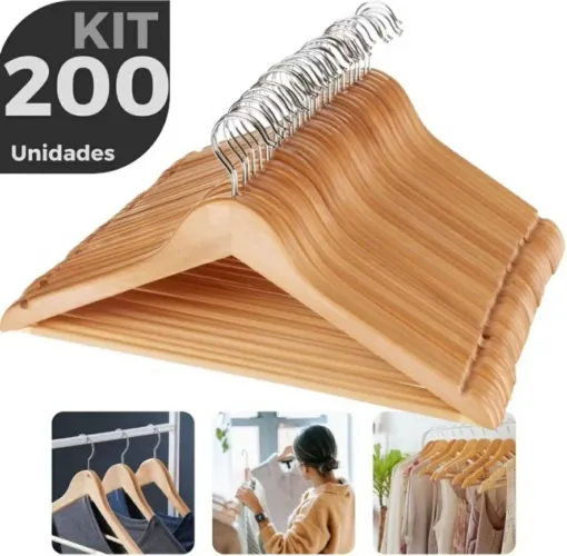 Kit 200 Cabides de Madeira para Roupas