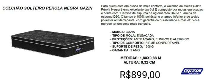 COLCHÃO SOLTEIRO GAZIN MOLAS ENSACADAS A PRONTA-ENTREGA