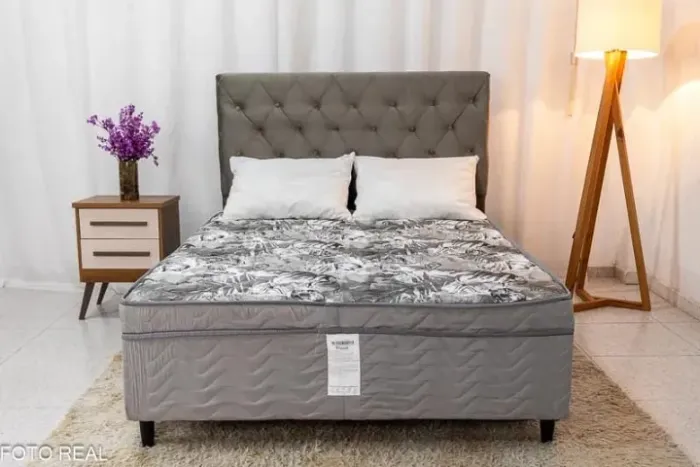Cabeceira Casal Rio Sued Cinza + Cama Box Casal Dackar Ortopédica- Produto Novo 