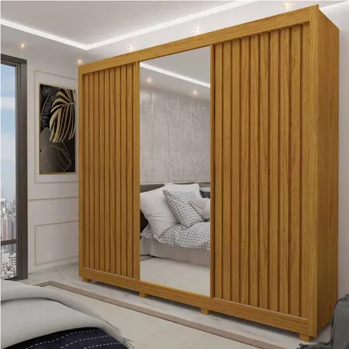 Roupeiro Casal Royale Naturale 3 Portas Ripado C/ 1 Espelho Larg. 2.28m rf86