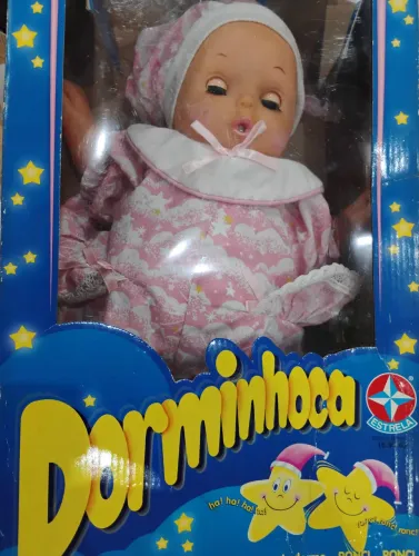 Boneca antiga dorminhoca com caixa