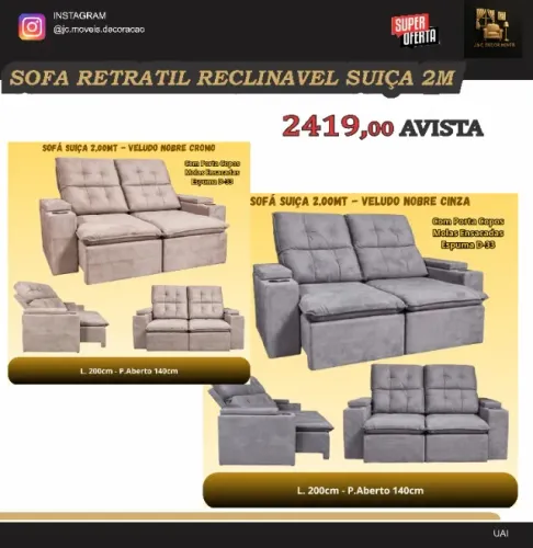 SOFA RETRATIL E RECLINAVÉL SUIÇA 2M 5