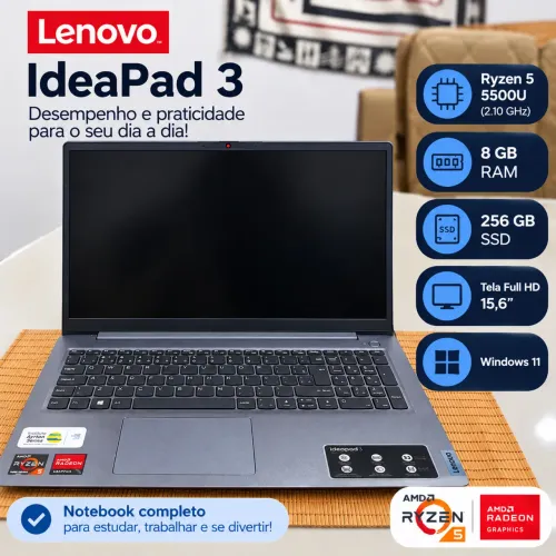 Notebook Lenovo IdeaPad 3 AMD Ryzen 5 5500U | 8GB RAM | SSD 256GB | Full HD