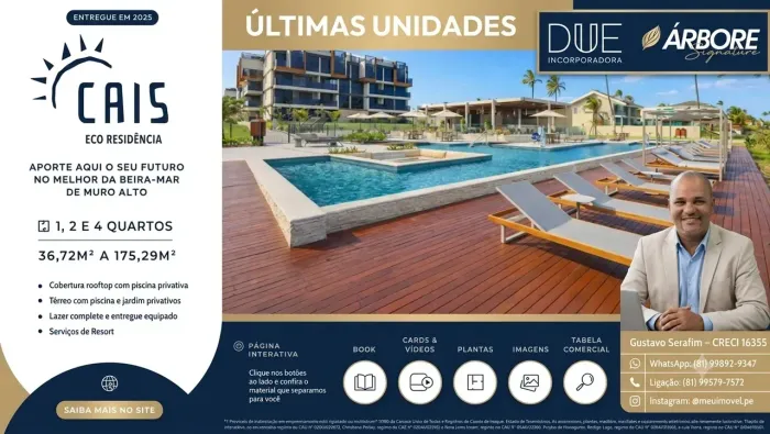 CAIS ECO RESIDÊNCIA | BEIRA-MAR EM MURO ALTO | 1 A 4 QUARTOS | ALTO PADRÃO PRONTO PARA MOR