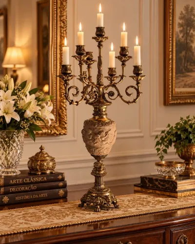 <br>CANDELABRO DE BRONZE PARA 7 VELAS - PEÇA RARA, RICA EM DETALHES E EM PERFEITO ESTADO