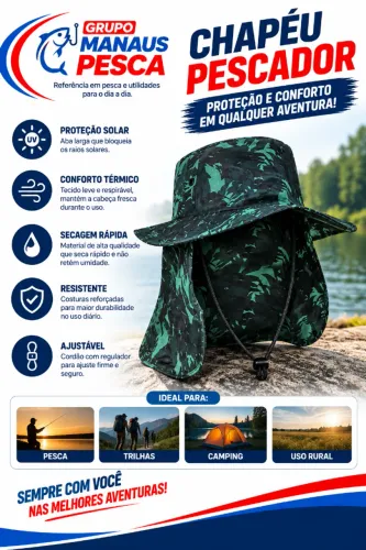 CHAPÉU PESCADOR CAMUFLADO COM PROTEÇÃO DE PESCOÇO ?