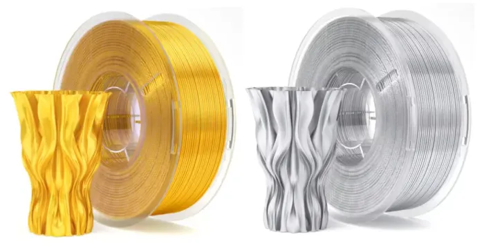 Kit com 2 Filamentos PLA Elegoo 1,75mm 1kg cada - Cores: Ouro (Dourado) e Prata (Cinza) ar