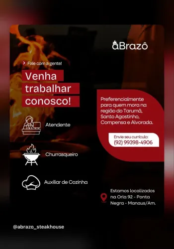 Vaga atendente, churrasqueiro e aux de cozinha.