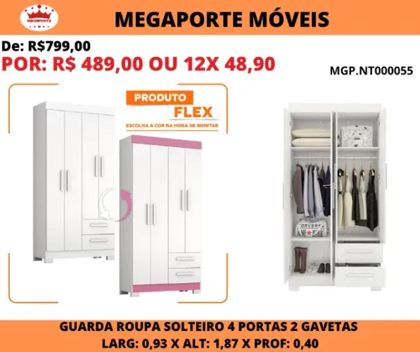Guarda Roupa Solteiro 0,93cm com 4P 2G