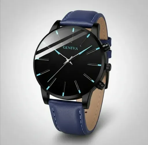 Relógio Masculino Azul da Geneva Quartzo Correia de Material Couro Elegante Luxo Moda