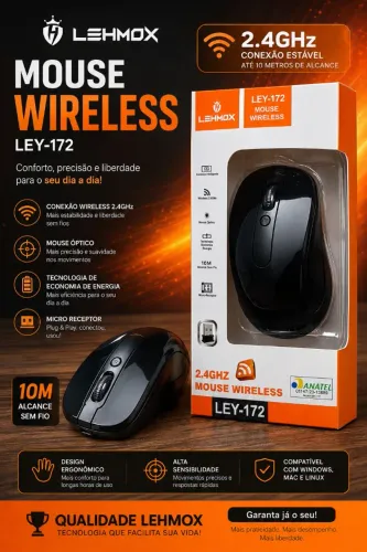 "Liberdade sem fios e precisão ! Garanta já o seu Mouse Wireless LEHMOX LEY-172 ."