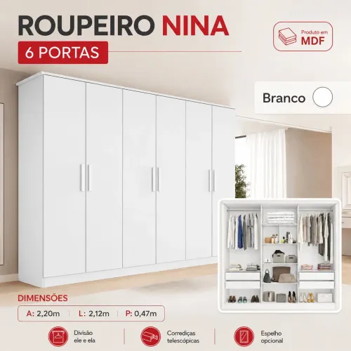 Guarda roupa 100% MDF Nina - Branco