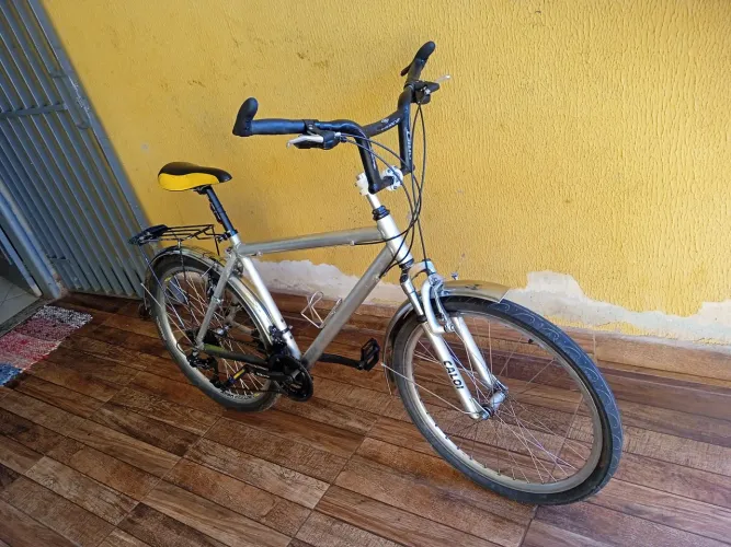 Bicicleta aro 26 quadro de alumínio paralama garupeira descanso mesinha com. Guidom 