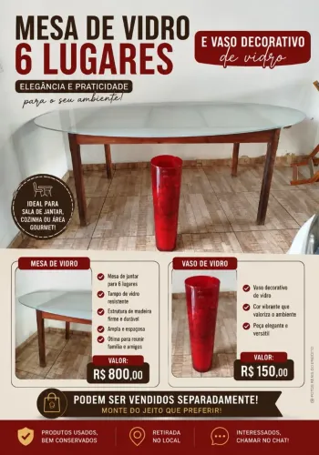Mesa de vidro 6 lugares + vaso decorativo