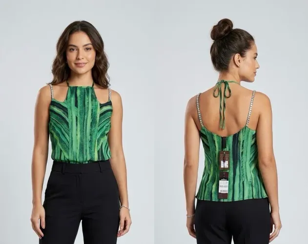 Blusa de alças tam P estampa verde Gatabakana