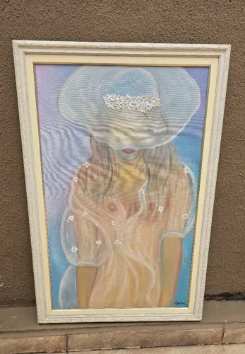 Quadro decorativo mulher com chapéu pintura à óleo