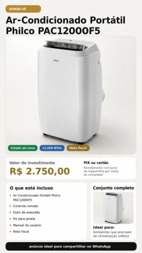 Ar-Condicionado Philco Portátil 12000BTUs Frio PAC12000F5 127V