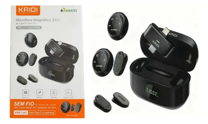 Microfone Lapela Sem Fio Kaidi KMF1-AC Duplo Antirruído IA Imã Preto