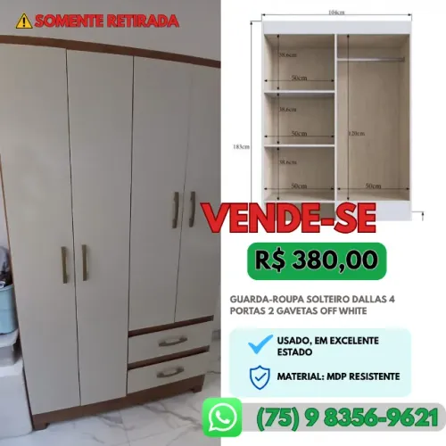 Guarda-Roupa Solteiro Dallas 4 Portas 2 Gavetas Off White