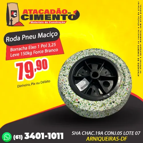 Roda Pneu Maciço Borracha Eixo 1 Pol 3,25 Leve 150kg Force Branco