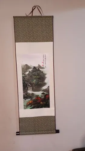 Arte chinesa - paisagem de rolagem , seda de tapeçaria asiática 95x36cm