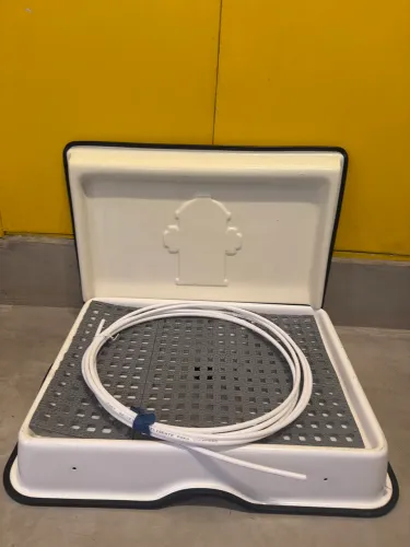 Vendo Weasy Dog pequeno branco e cinza com parede hidrante e entrada de água