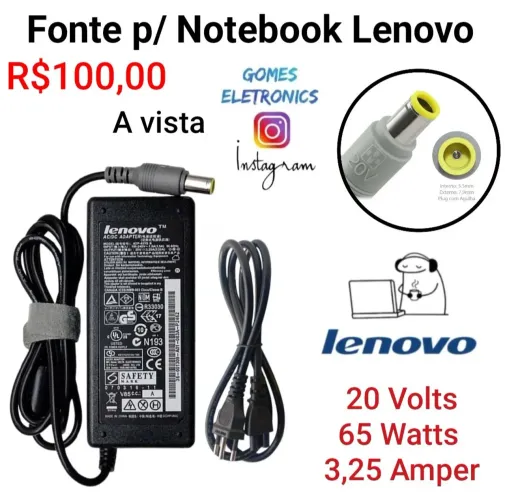 Fonte para Notebook Carregador de Notebook Lenovo 20v - 3,25a - 65w (Loja Fisica)