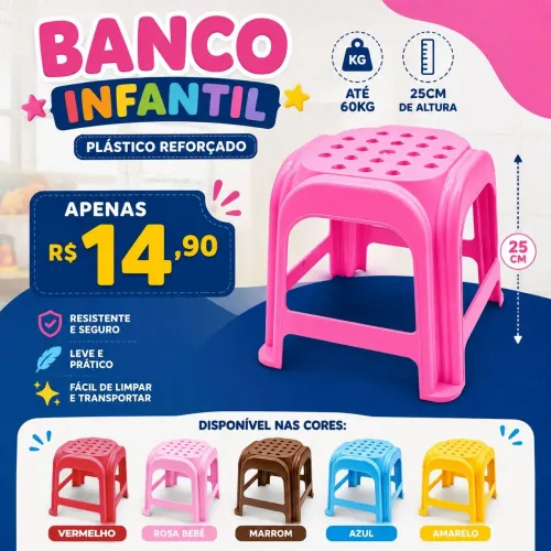 Banqueta infantil plástico reforçado até 50kg