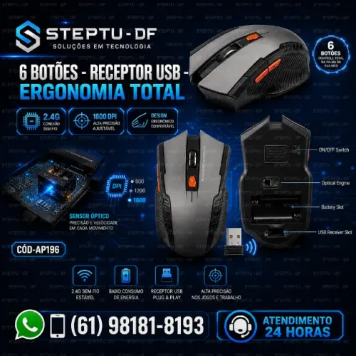 Mouse sem fio com receptor USB, 6 botões, 2.4G, 1600DPI, para computador gamer COD-AP196