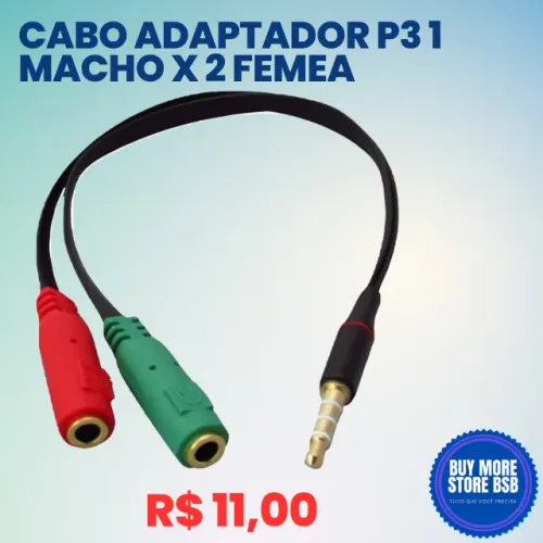 Cabo Adaptador P3 Fêmea para P2 Macho (Fone) e P2 Macho (Microfone)