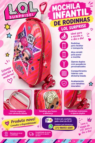 Mochila Infantil de Rodinhas LOL Surprise Rosa - Escolar