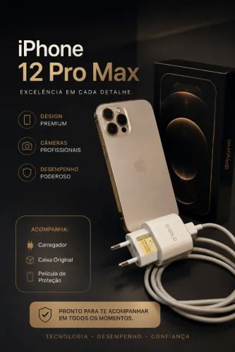 Iphone 12 pro Max 128Gb branco borda dourada + 10 capinhas, película, carregador e caixa.