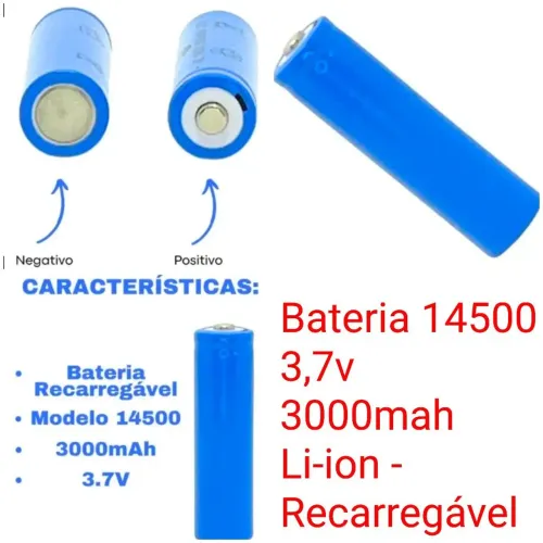 Bateria 14500 3,7v 3000mah Li-ion - Recarregável