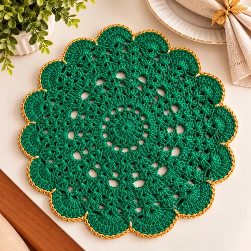 Roupa de mesa de crochê com dourado cada peça