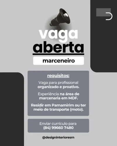 Vaga de emprego para marceneiro em Parnamirim/RN